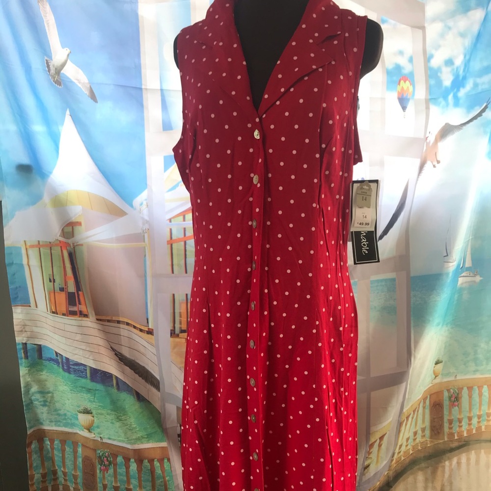 Dressbarn Long Sleeveless Red Dress with Dots NWT